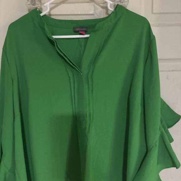 Vince Camuto Top Womens Plus 1X Green V-Neck Ruffle Long Sleeve Blouse Gauze - Picture 2 of 8
